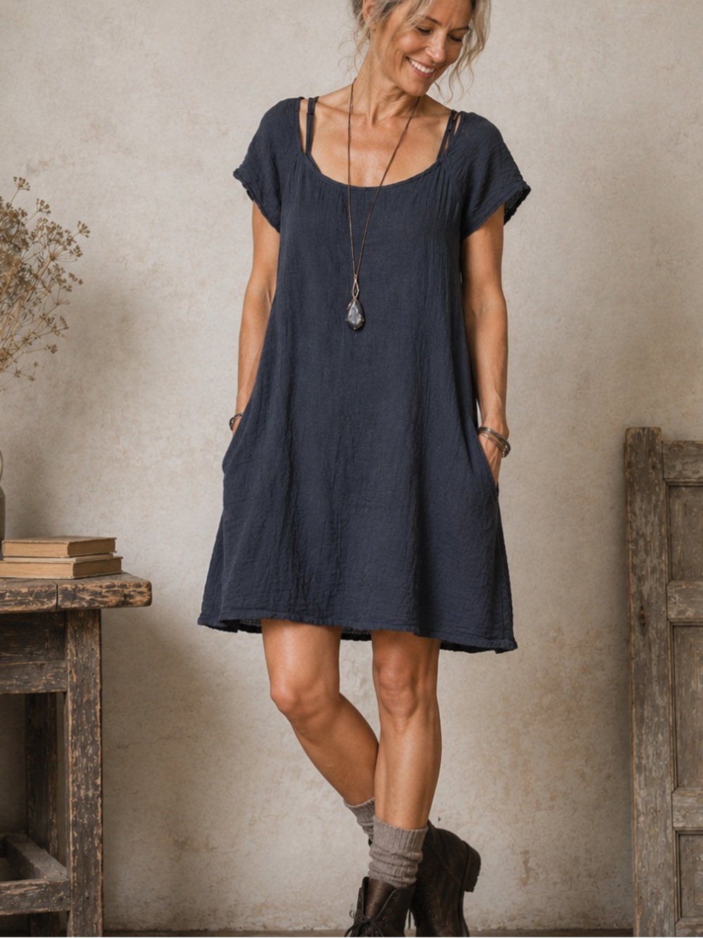 Stark X Cotton Gauze Gray Short-Sleeve Dress